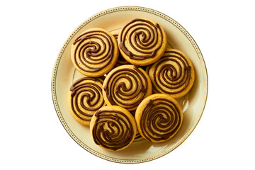 Caramel Swirl Halloween Cookies with Dark Chocolate Drizzle on Cream Porcelain Plate – Top View PNG