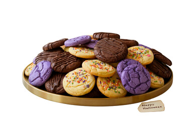Mixed Halloween Cookie Platter with Chocolate, Vanilla, and Ube on Warm Grey Ceramic Plate – Top View PNG
