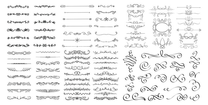 dividers doodle set. Wedding decorative elements. Divider ornament, borders, vintage line separators. Hand drawn vector illustration