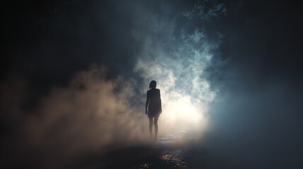 Person in robes stands on clouds, looking at beautiful sunrise. Serene scene with Jesus Christ in heaven. Concept of spiritual faith in God in Christianity