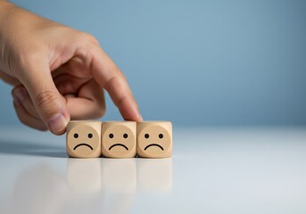 Hand Placing a Sad Face Icon on Wooden Block for Feedback. Generative Ai