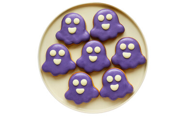 Purple Yam Ghost Cookies with Minimal Icing on Soft Ivory Plate – Flat Lay PNG
