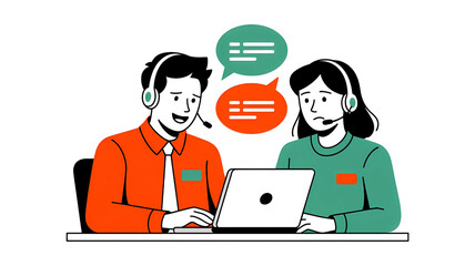 Two customer service representatives wearing headsets and looking at a laptop with chat bubbles above them isolated on white background