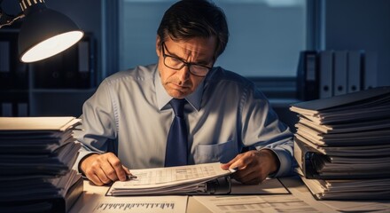 A man in a suit and tie, working late at a desk with a stack of papers and a lamp.