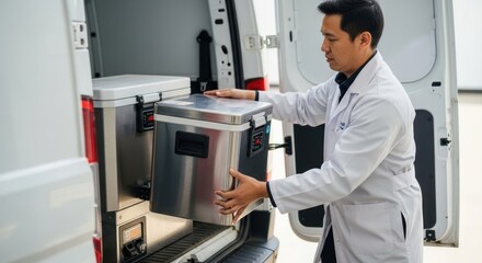 Fototapeta premium A man in a white lab coat is loading a stainless steel cooler into the back of a white van.