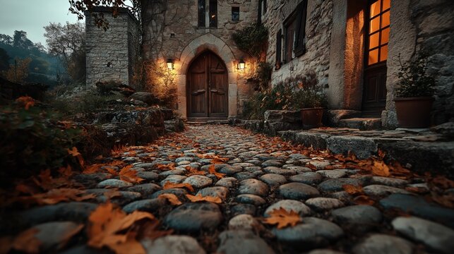 Cobblestone path with autumn leaves leading to a mysterious old stone house at dusk.