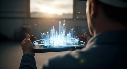 Builder with Glowing Futuristic Smart City 3D Model