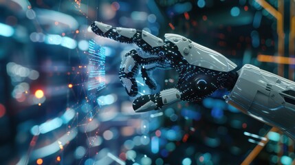 A robot arm interacting with a digital interface in a futuristic cityscape.