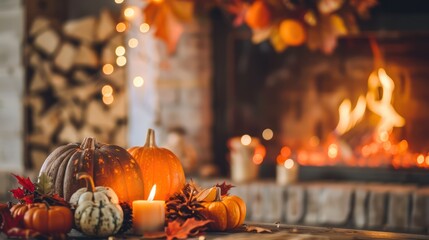 A cozy autumnal scene with pumpkins, candles, and a fireplace in the background.