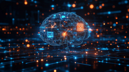 Glowing AI brain hologram with neural pathways connecting to icons of text