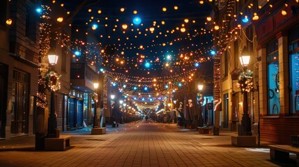 A festive, illuminated city street at night with Christmas decorations and festive lights.