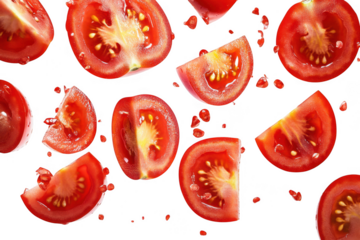 Fresh ripe red tomatoes sliced and scattered with water droplets isolated on transparent background