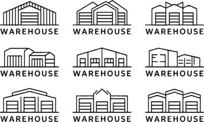 Obraz premium Collection of Warehouse Icon Designs A Set of Nine Unique and Minimalist Depictions for Industrial and Commercial Use