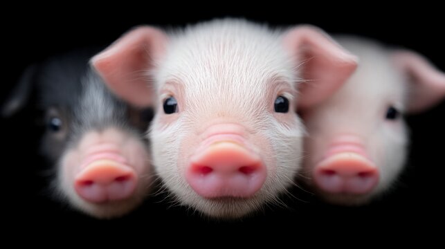 Three adorable piglets one black and white two pink with curious expressions against a dark background