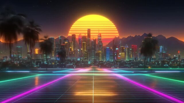 Retro Cityscape at Sunset with Neon Road - Powered by Adobe