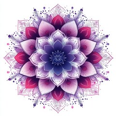 A detailed mandala illustration featuring purple and pink hues on a white background design element