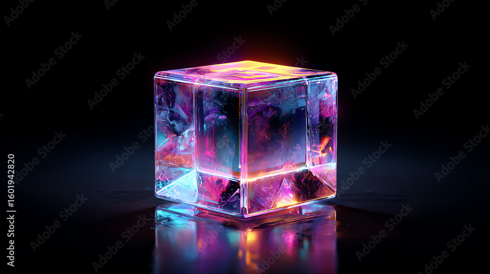 Aufkleber a crystal-clear ice cube illuminated with vibrant colors, creating a mesmerizing visual effect, perf