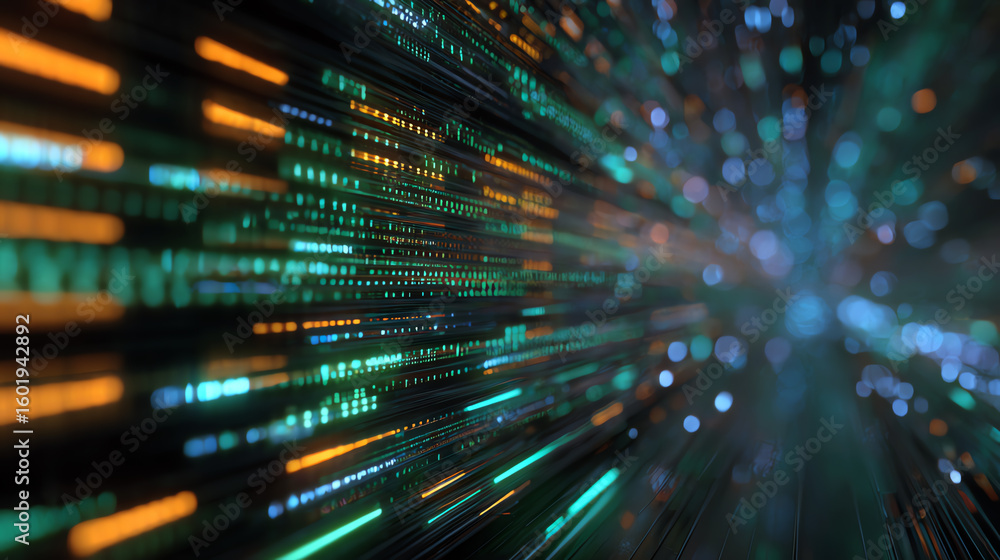 Poster a dynamic abstract representation of digital data flowing rapidly, showcasing vibrant colors and viv