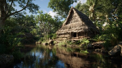 Tropical huts, village pathway, lush jungle background
