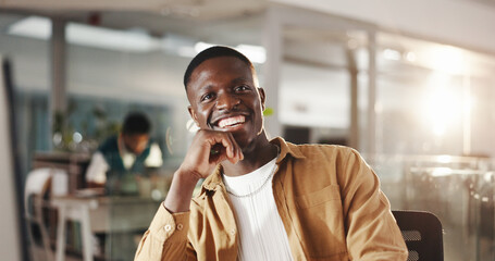 Graphic design, happy and portrait of man in office for web development, website and ui software....