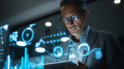 A focused businessman analyzes data trends on a tablet, showcasing the intersection of technology and modern finance.