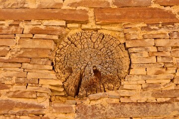 Closeup of a log in the wall of a structure at Chaco Canyon Pueblo, New Mexico.