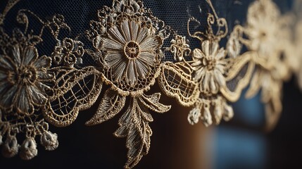 Detailed Gold Floral Embroidery on Dark Blue Fabric