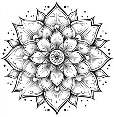 Detailed black and white floral mandala illustration with intricate petal designs and dot accents around it