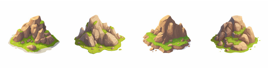 Set of mountains and rocks with trees and grass. Isometry