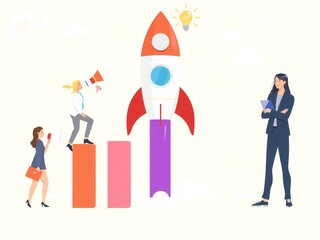 Fototapeta premium Business team celebrates successful startup launch with rocket ship and growth chart