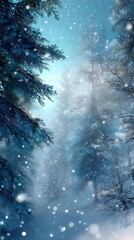 Gentle snowfall in peaceful winter forest