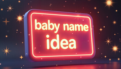 Neon sign displaying baby name idea with sparkles background
