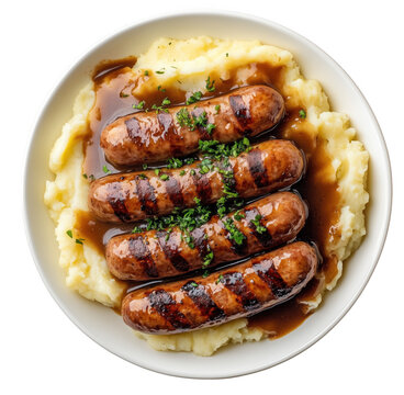 Delicious plate of bangers and mash traditional british comfort food meal closeup view