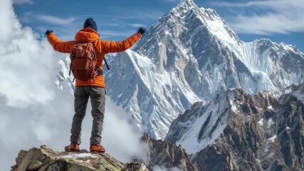 Adventurer in orange jacket raises arms in triumph while standing on a rocky peak, facing a towering, snow-covered mountain range.