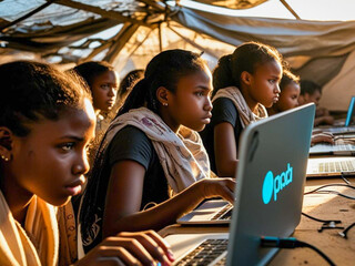 Young African girls learning computer skills in a tent