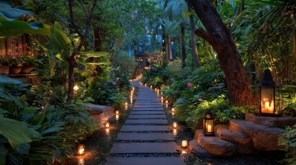 Lighted Pathway Through a Lush Tropical Garden at Night