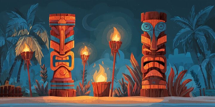 Tropical Night Scene with Tiki Statues and Torches