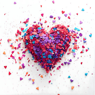 Naklejki Heart-shaped confetti exploding with vibrant colors in a festive joyful burst of celebration