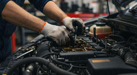 Professional Automotive Repair Skilled Mechanic Working on Engine