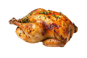 Golden brown roasted whole chicken with fresh thyme herbs isolated on transparent background