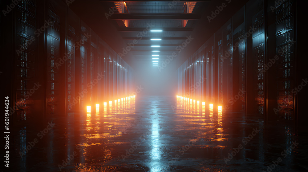 Poster a mysterious corridor illuminated with glowing lights, creating an eerie atmosphere and showcasing a