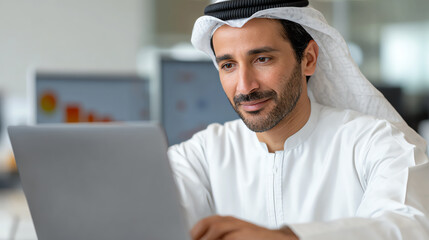Obraz premium A professional man in traditional attire, engaged in focused work on a laptop, showcasing modern business practices.