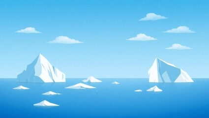 Cartoon icebergs floating in a blue ocean under a cloudy sky