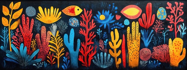 A colorful underwater scene with coral, fish, and plants on a dark blue background in an artistic style