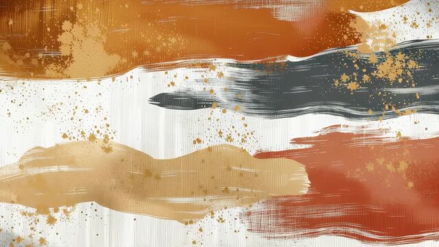 Modern abstract artwork with bold brushstrokes in earthy tones of brown, beige, black, and orange on a textured off-white background.