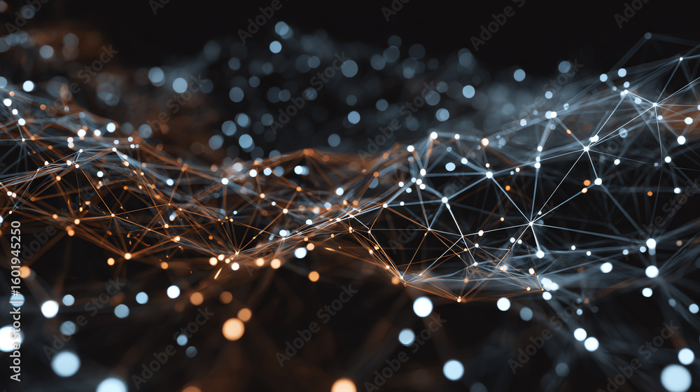 Poster a stunning abstract background showcasing a network of glowing nodes and interconnected lines, repre
