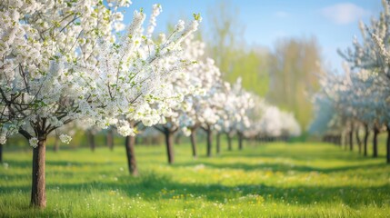 A serene, blooming cherry blossom orchard under a clear blue sky with soft, diffused sunlight.