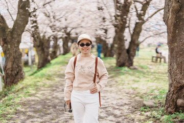 Woman tourist sightseeing Sakura Cherry Blossom in Spring. Happy traveler travel near Hinokinai...