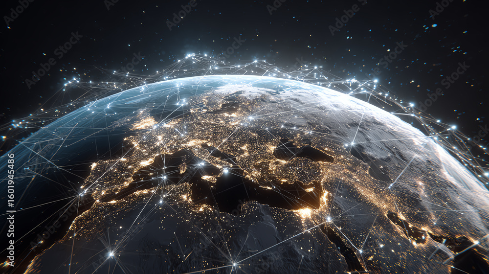 Poster a stunning view of earth from space, showcasing interconnected networks of lights representing globa