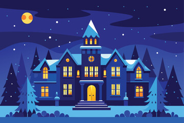 Fototapeta premium Gothic Winter Mansion at Night with Snow – Vector Background